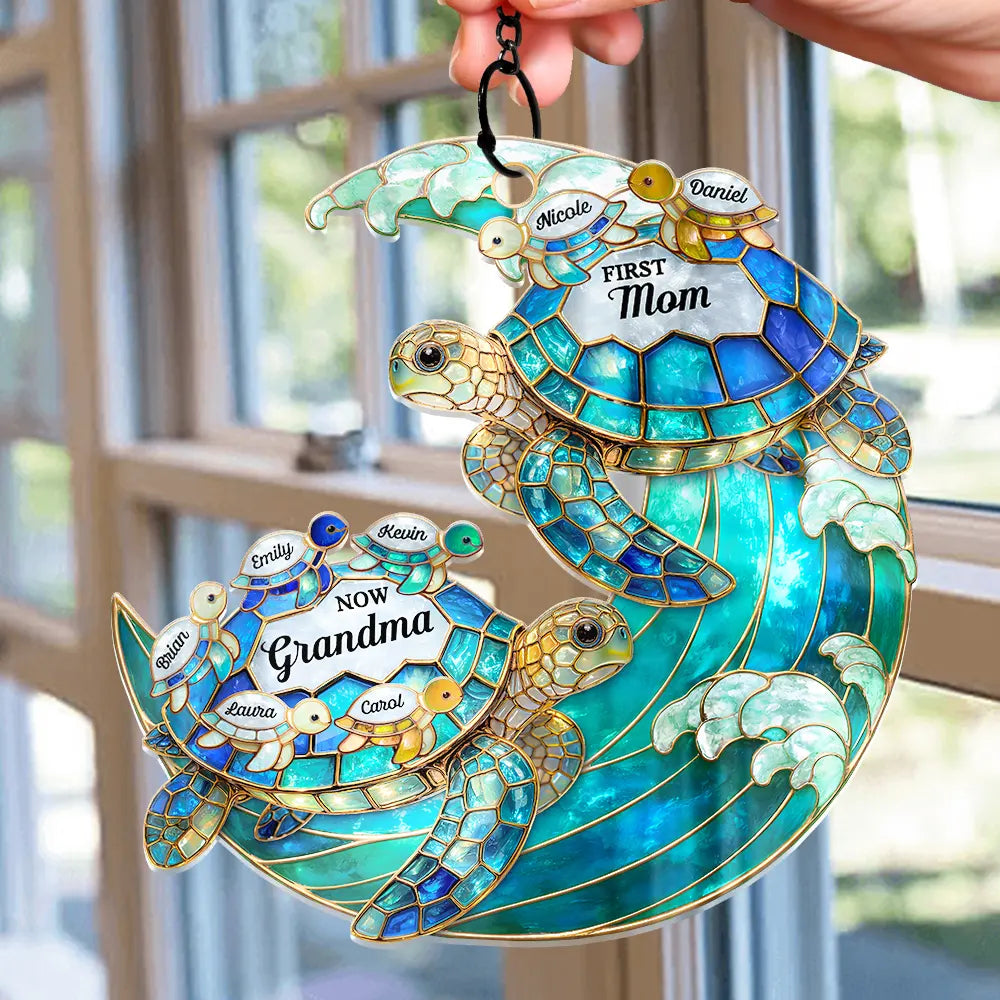 Gift For Grandma,Grandma - Grandkids,Happy,Icon - First Mom Now Grandma Stained Glass Turtle - Personalized Window Hanging Suncatcher Ornament