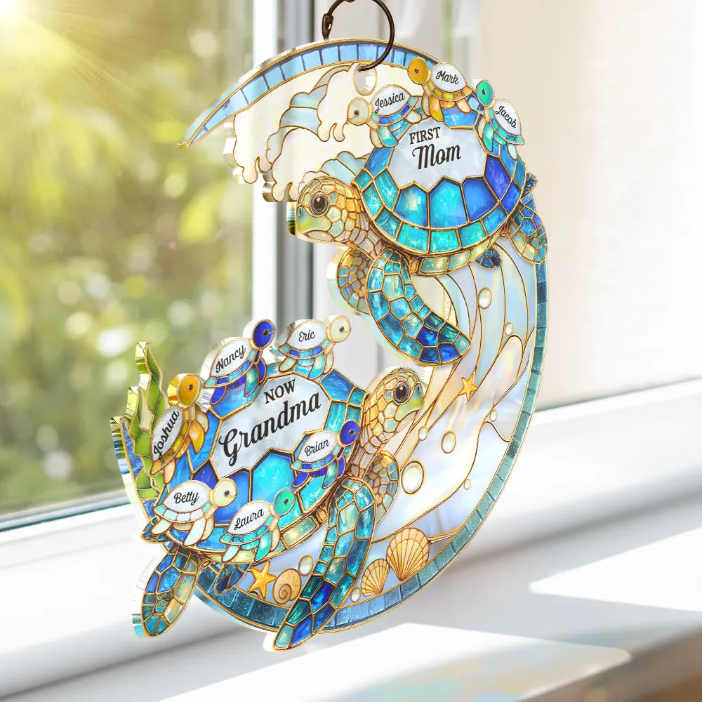 Gift For Grandma,Grandma - Grandkids,Happy,Icon - First Mom Now Grandma Stained Glass Turtle - Personalized Window Hanging Suncatcher Ornament