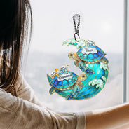Gift For Grandma,Grandma - Grandkids,Happy,Icon - First Mom Now Grandma Stained Glass Turtle - Personalized Window Hanging Suncatcher Ornament