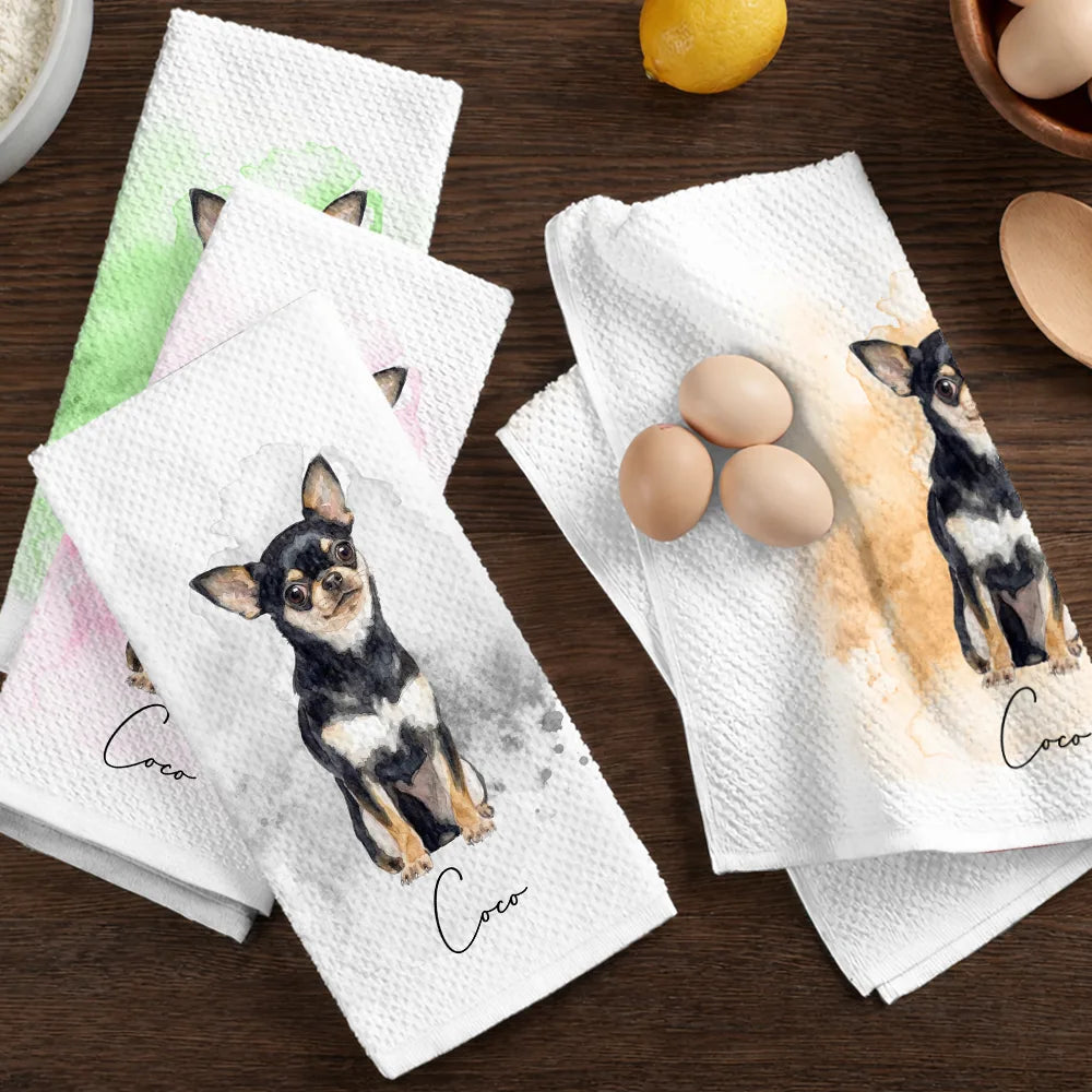 Happy,Dog Lovers,Pet Lovers,Cat Lovers,Non-Eng,Photo - Watercolor (remove BG) - Custom Photo Realistic Watercolor Art Portrait Cat Dog Pet - Personalized Kitchen Towel
