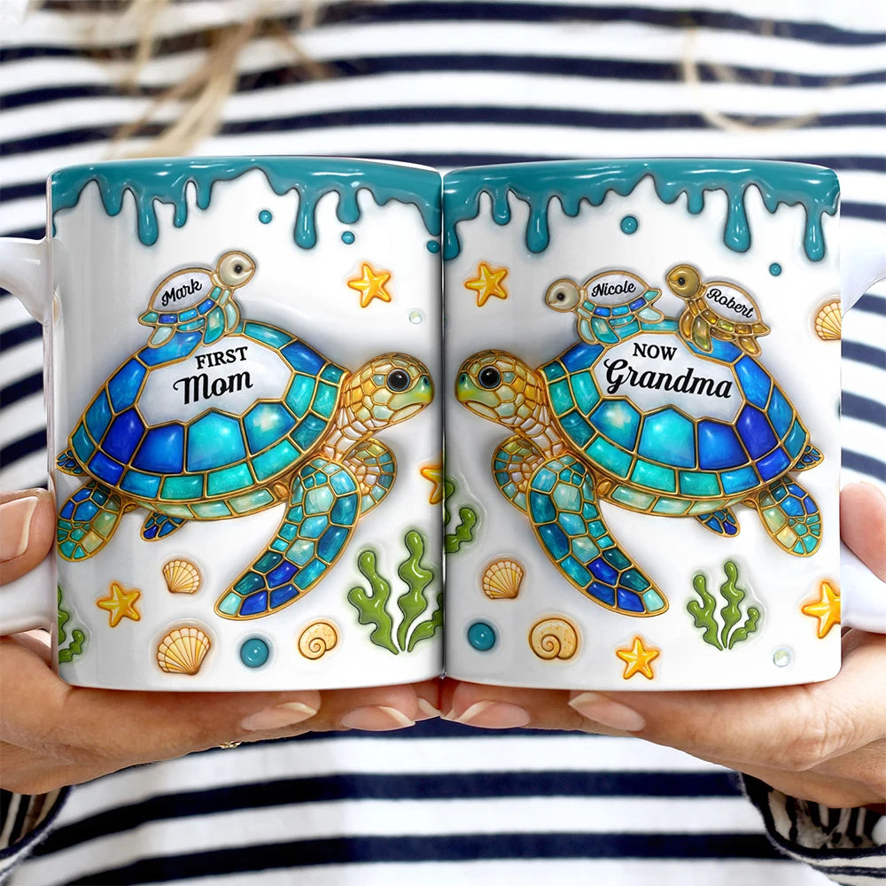 Gift For Grandma,Grandma - Grandkids,Gift For Mother,Beach,Happy,Non-Eng,Icon,Grateful - First Mom Now Grandma Turtle - Personalized White Edge-to-Edge Mug