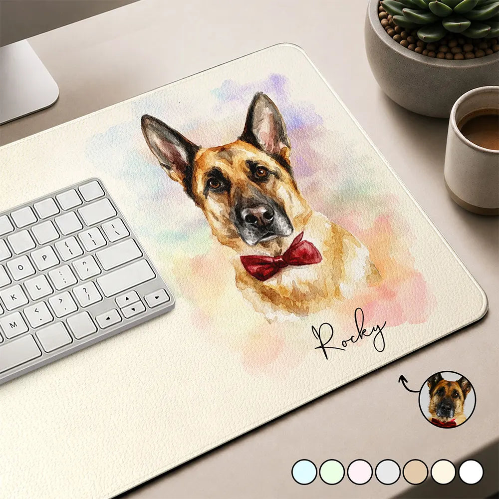 Custom Photo Realistic Watercolor Art Portrait Cat Dog Pet - Personalized Leather Desk Mat