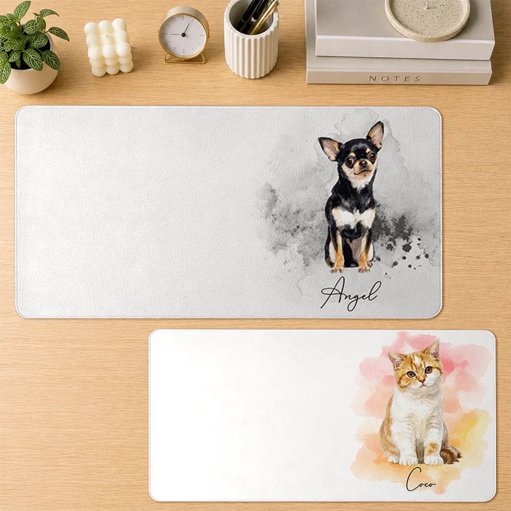 Gift For Yourself,Gift For Women,Gift For Men,Dog Lovers,Pet Lovers,Cat Lovers,Officer,Dog Mom,Dog Dad,Non-Eng,Photo - Watercolor (remove BG),Cozy - Custom Photo Realistic Watercolor Art Portrait Cat Dog Pet - Personalized Leather Desk Mat