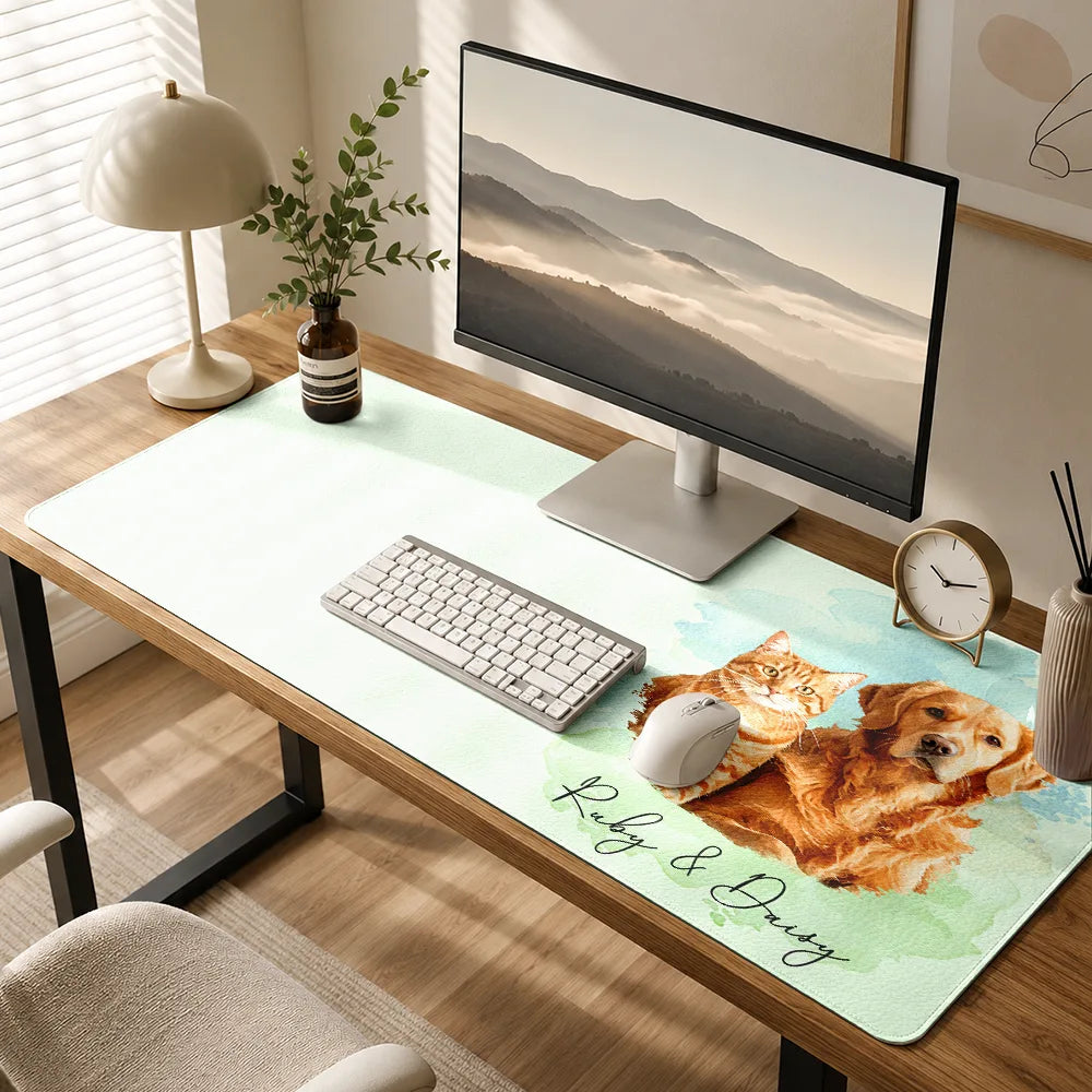 Gift For Yourself,Gift For Women,Gift For Men,Dog Lovers,Pet Lovers,Cat Lovers,Officer,Dog Mom,Dog Dad,Non-Eng,Photo - Watercolor (remove BG),Cozy - Custom Photo Realistic Watercolor Art Portrait Cat Dog Pet - Personalized Leather Desk Mat