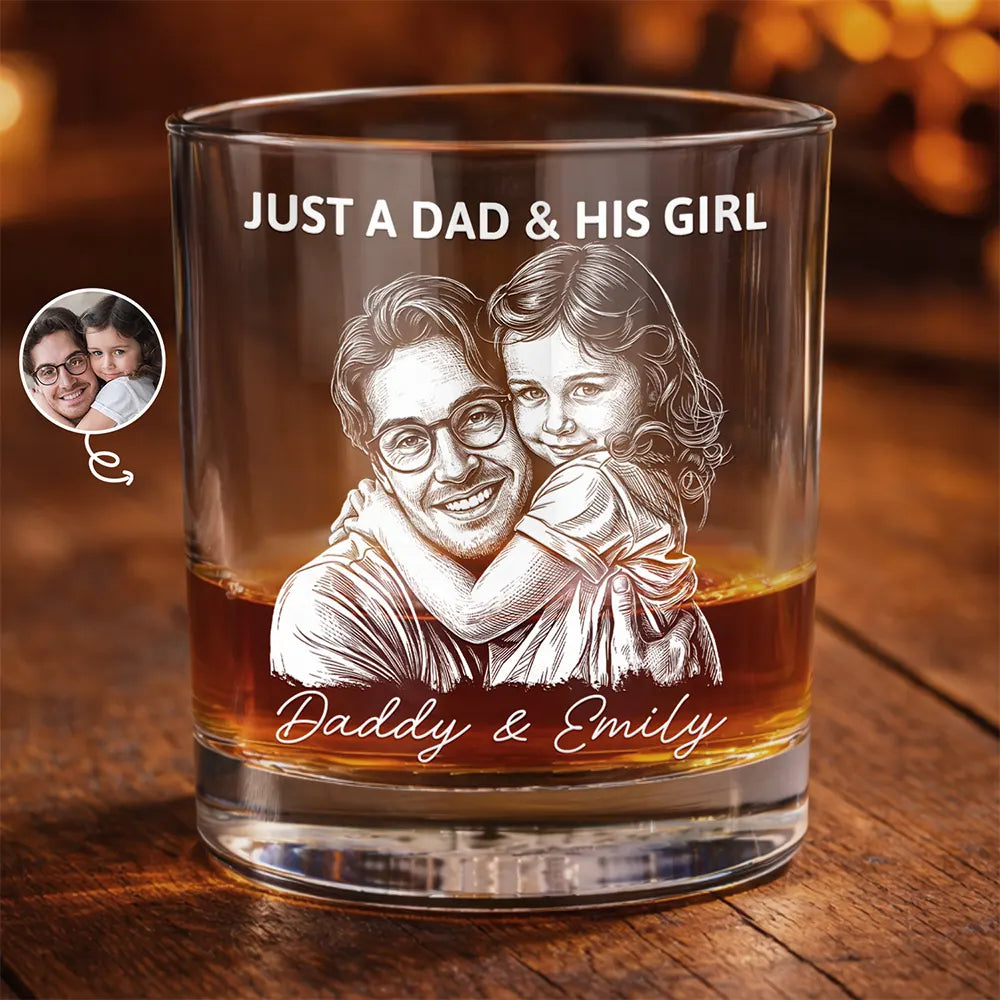 Custom Photo White Pencil Sketch Art Just A Dad And His Girl - Personalized Whiskey Glass