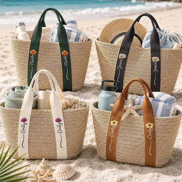 Gift For Yourself, Gift For Women, Summer, Adorable, Icon - Birth Month Flower With Name - Personalized Straw Beach Bag