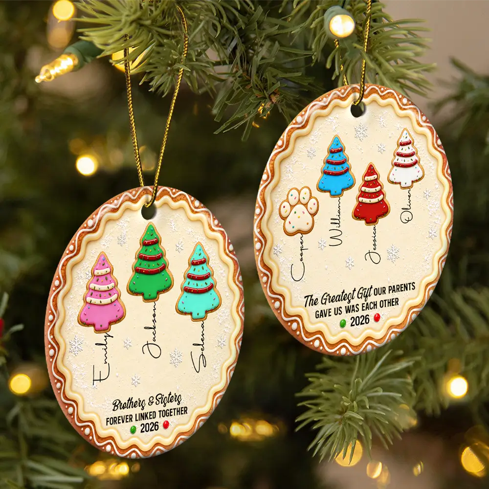Christmas,Family,Icon,Sentimental - Christmas Gifts For Family - Personalized Family Forever Linked Together Gingerbread Style Circle Ceramic Ornament