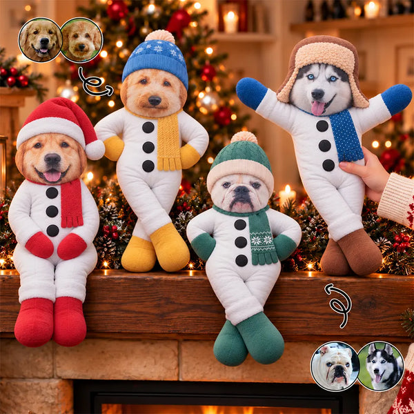 Art Design,Christmas,Custom Photo,Dog Lovers,Humorous,Pet Lovers,Photo - Snowman Pet Pose Body Doll - Funny Gift For Dog Mom, Dad, Cat Lover - Personalized Custom Photo Photo Christmas Snowman Pet Costume Poseable Plush Doll