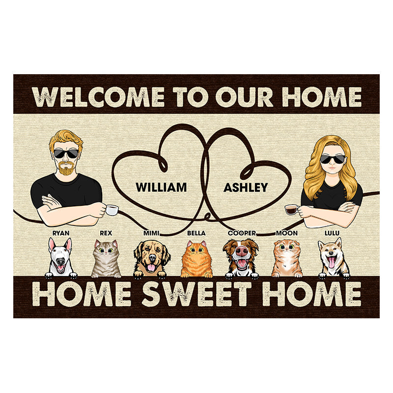 Paillasson personnalisé pour couple « Home Sweet Home » - Cadeau pour amoureux des chiens et des chats