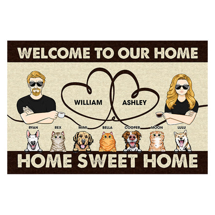 Paillasson personnalisé pour couple « Home Sweet Home » - Cadeau pour amoureux des chiens et des chats