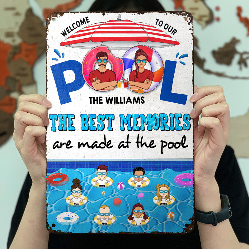 Famille Les meilleurs souvenirs se créent à la piscine - Panneau de jardin de piscine - Panneaux métalliques classiques personnalisés