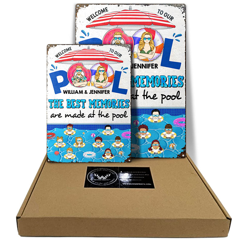 Famille Les meilleurs souvenirs se créent à la piscine - Panneau de jardin de piscine - Panneaux métalliques classiques personnalisés