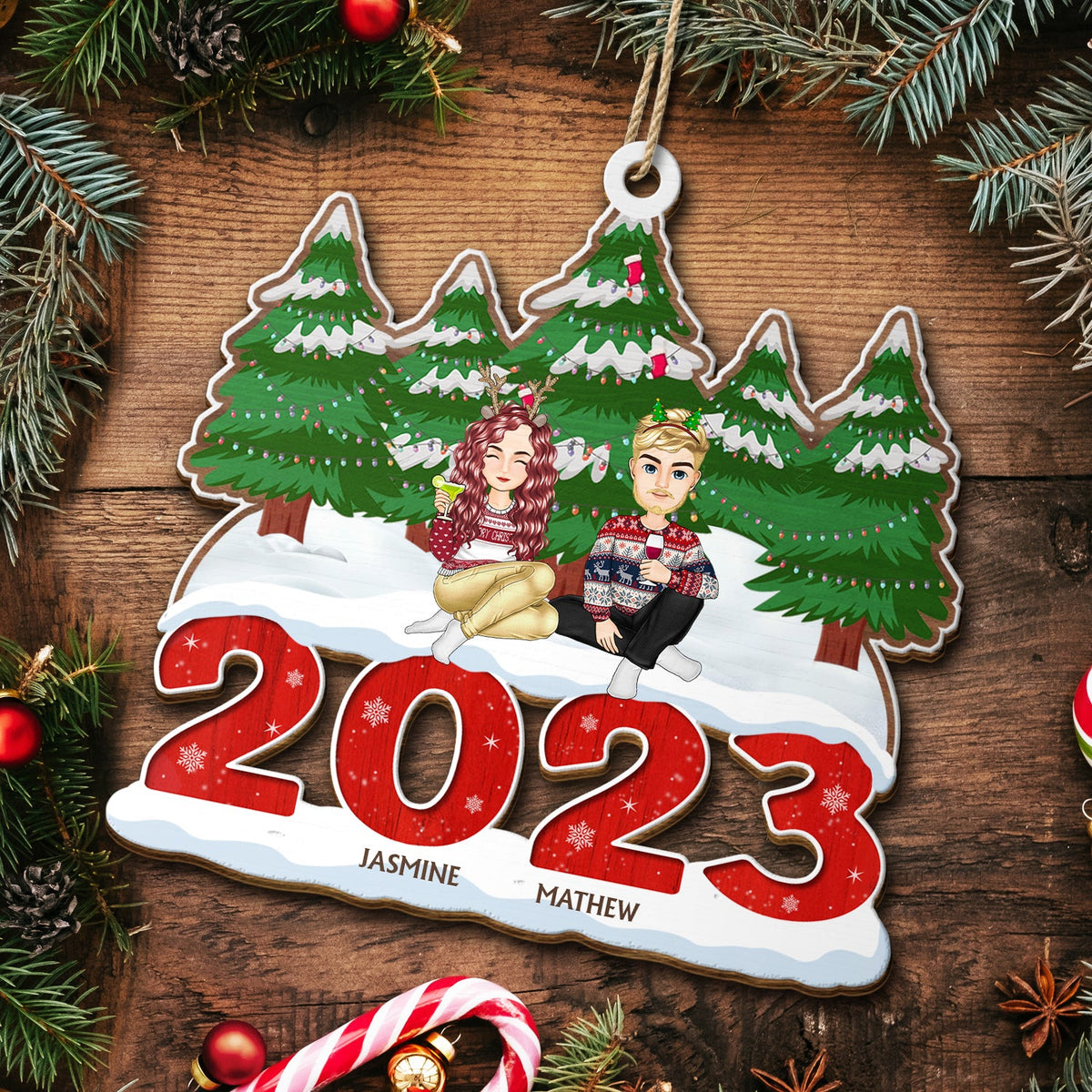 Cadeau de Noël 2023 pour la famille : Décoration en bois découpée personnalisée