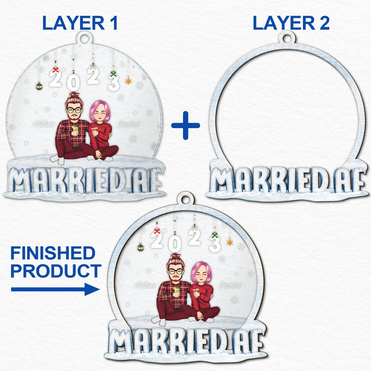 Married AF - Christmas Gift For Couples - Personalized 2-Layered Mix Ornament