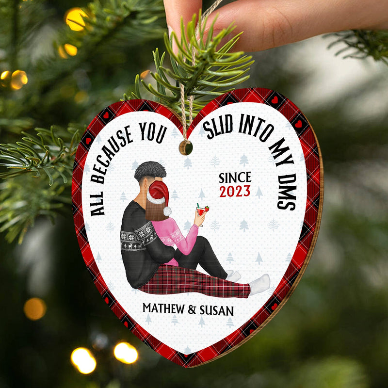 Christmas Couple All Because You Slid Into My Dms - Gift For Couples - Personalized Custom Shaped Wooden Ornament