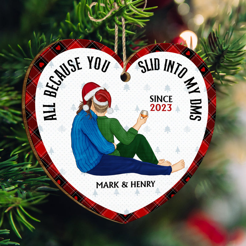 Christmas Couple All Because You Slid Into My Dms - Gift For Couples - Personalized Custom Shaped Wooden Ornament