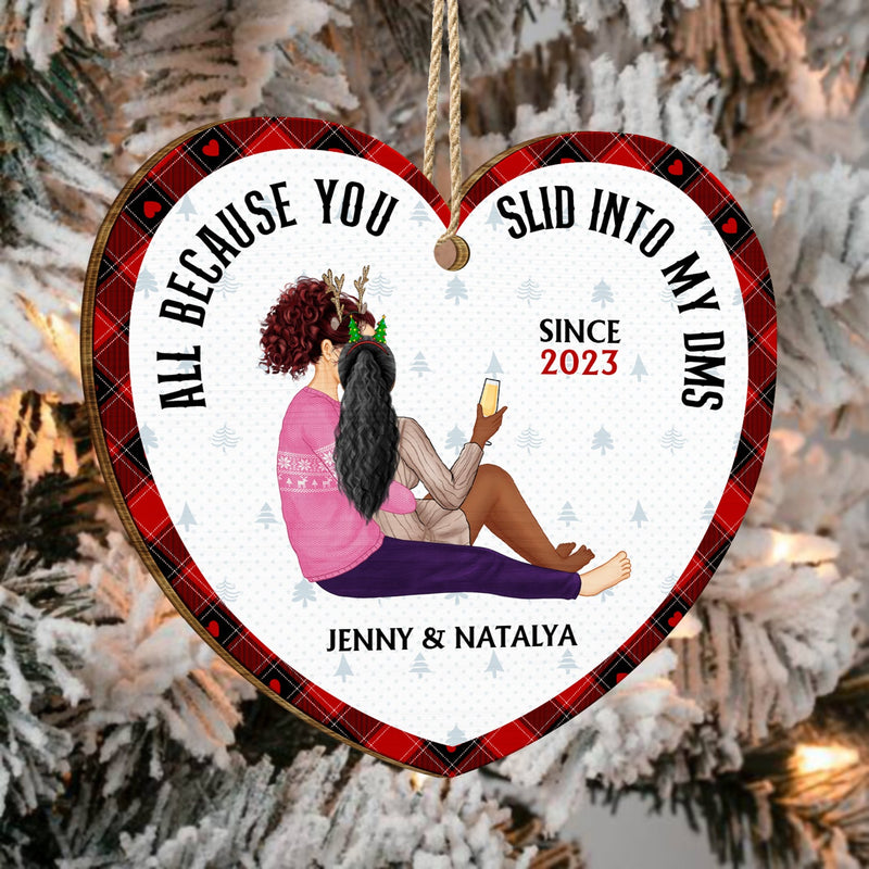 Christmas Couple All Because You Slid Into My Dms - Gift For Couples - Personalized Custom Shaped Wooden Ornament