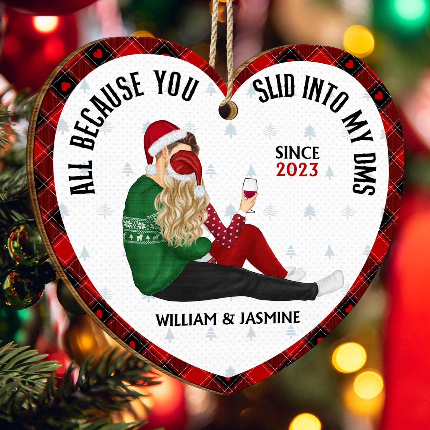 Christmas Couple All Because You Slid Into My Dms - Gift For Couples - Personalized Custom Shaped Wooden Ornament