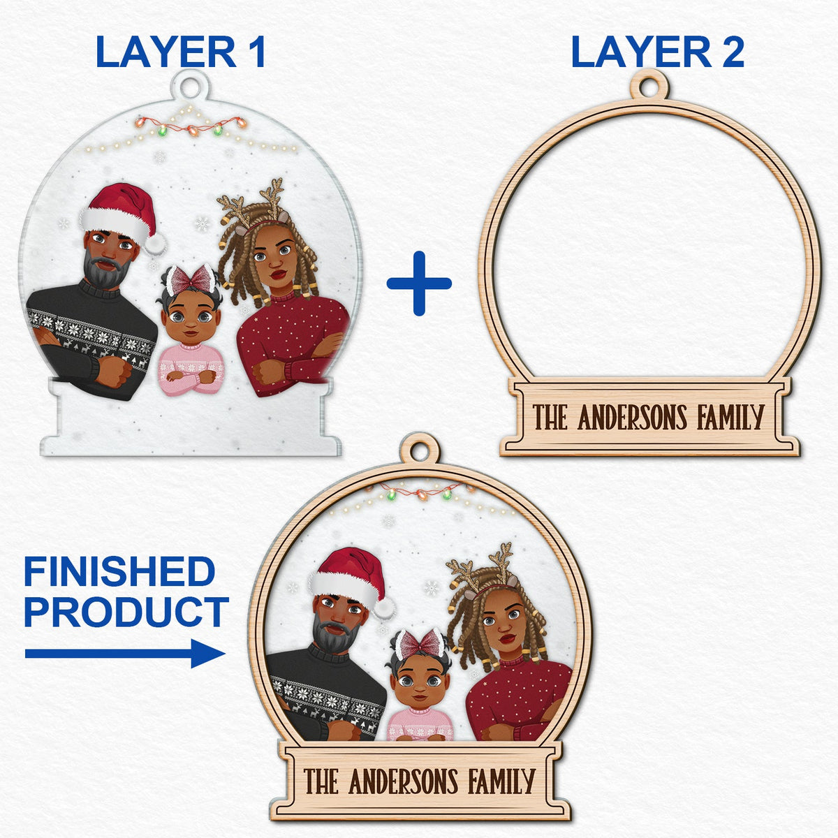 Décoration de Noël personnalisée avec prénom et prénom - Cadeau pour la famille - Décoration mixte personnalisée à 2 couches