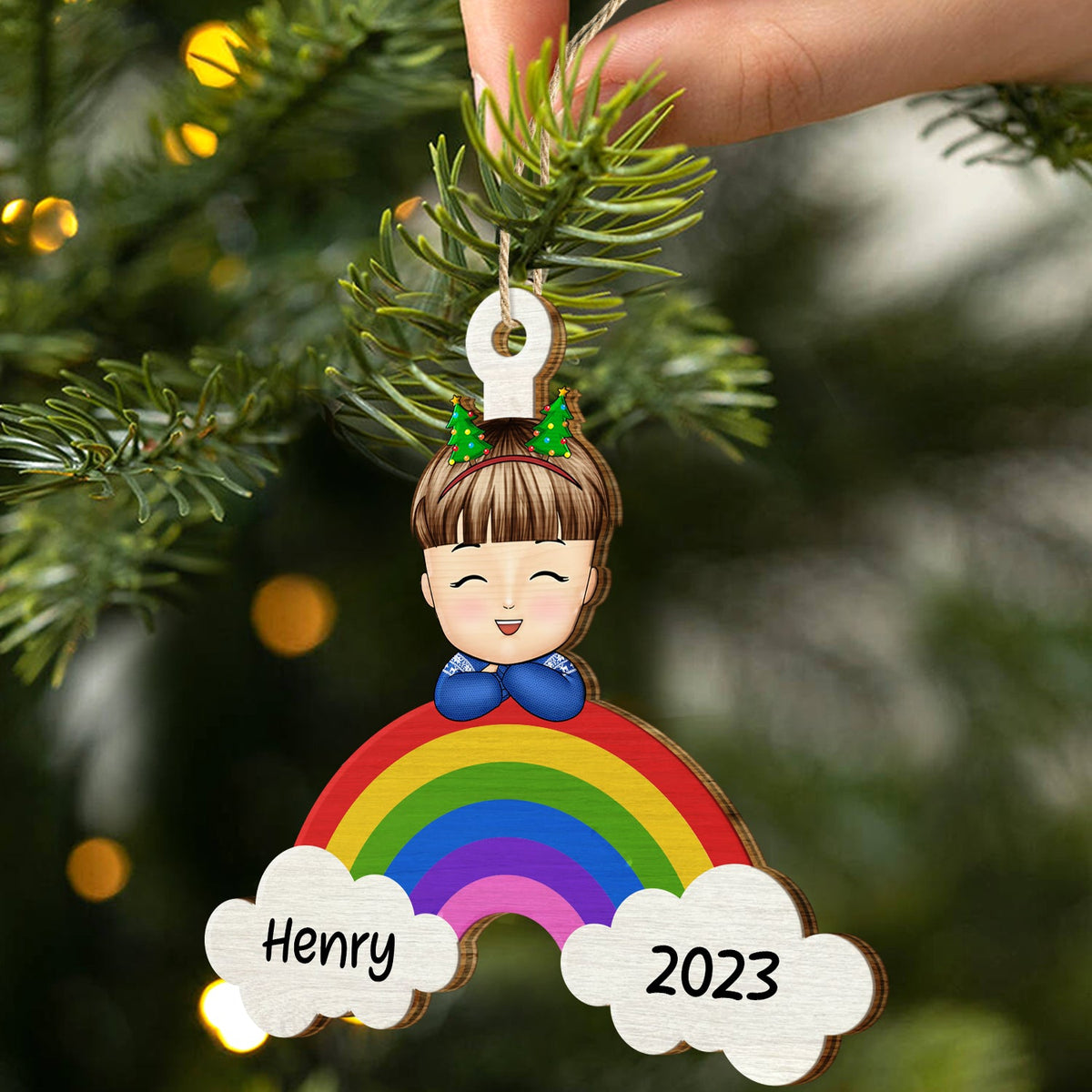 Christmas Kid Rainbow Custom Name - Gift For Kids - Personalized Wooden Cutout Ornament