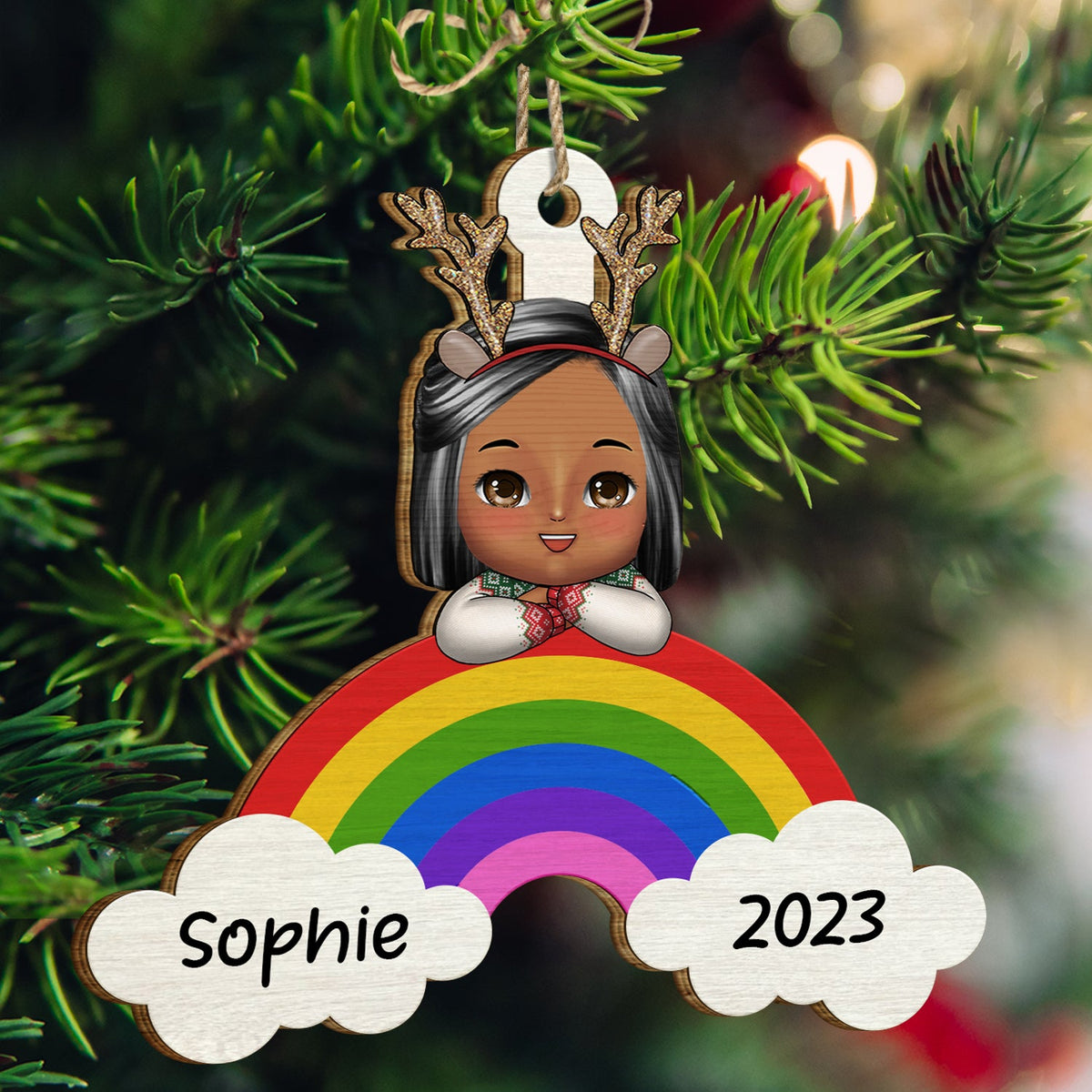 Christmas Kid Rainbow Custom Name - Gift For Kids - Personalized Wooden Cutout Ornament
