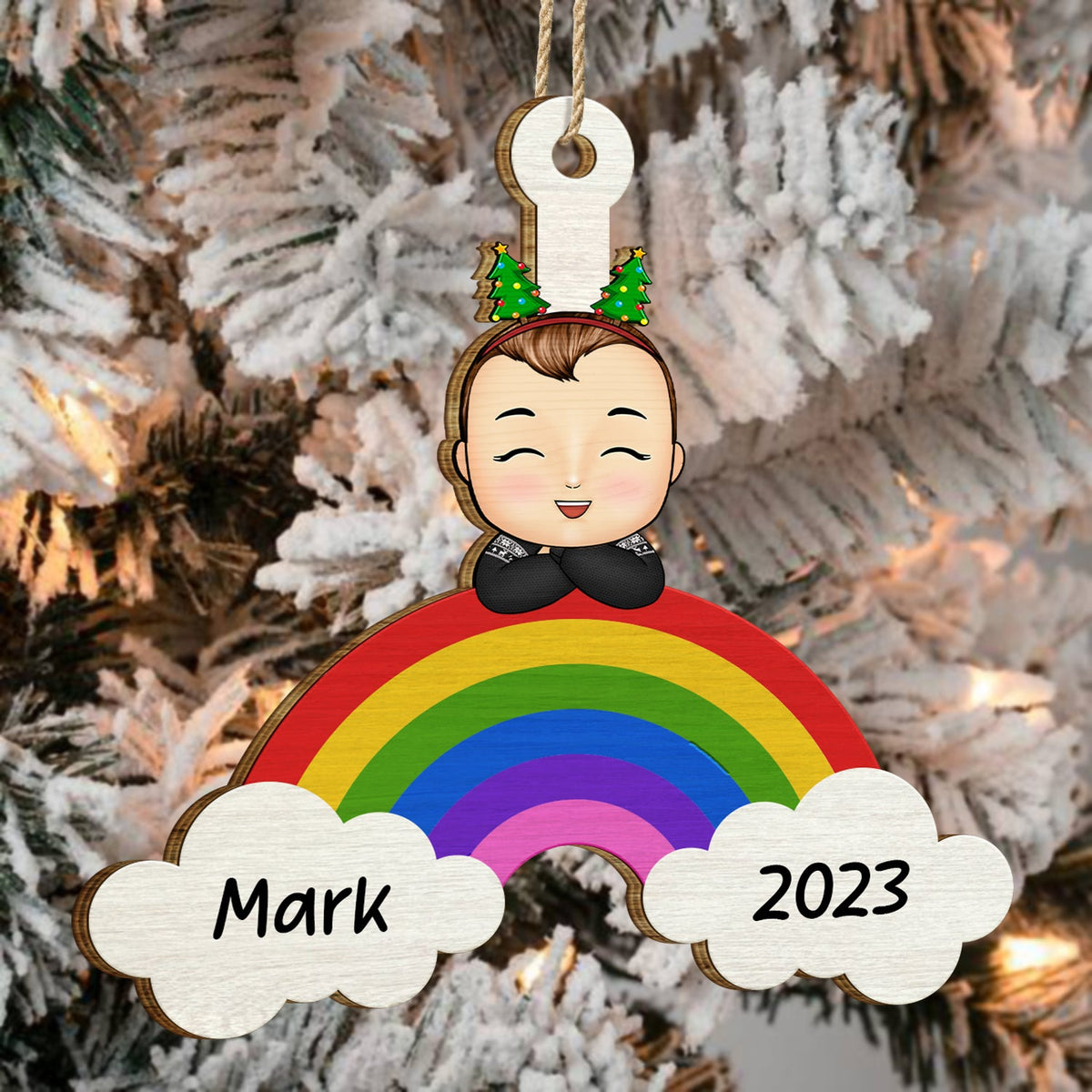 Christmas Kid Rainbow Custom Name - Gift For Kids - Personalized Wooden Cutout Ornament
