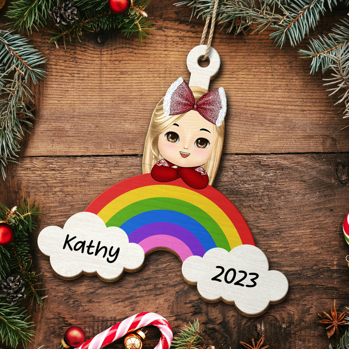 Christmas Kid Rainbow Custom Name - Gift For Kids - Personalized Wooden Cutout Ornament