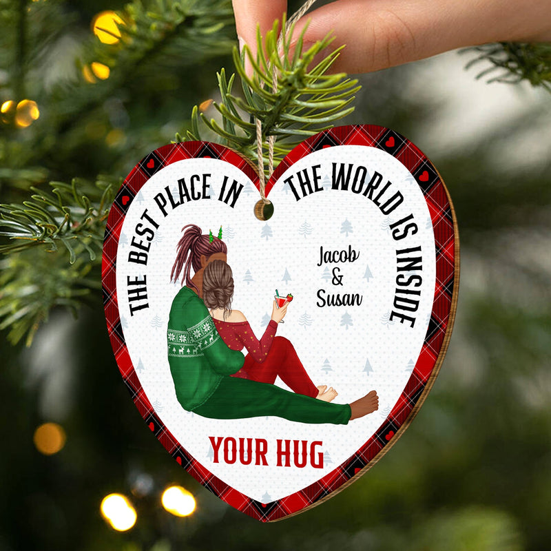 Christmas Couple The Best Place Is Inside Your Hug - Gift For Couples - Personalized Custom Shaped Wooden Ornament