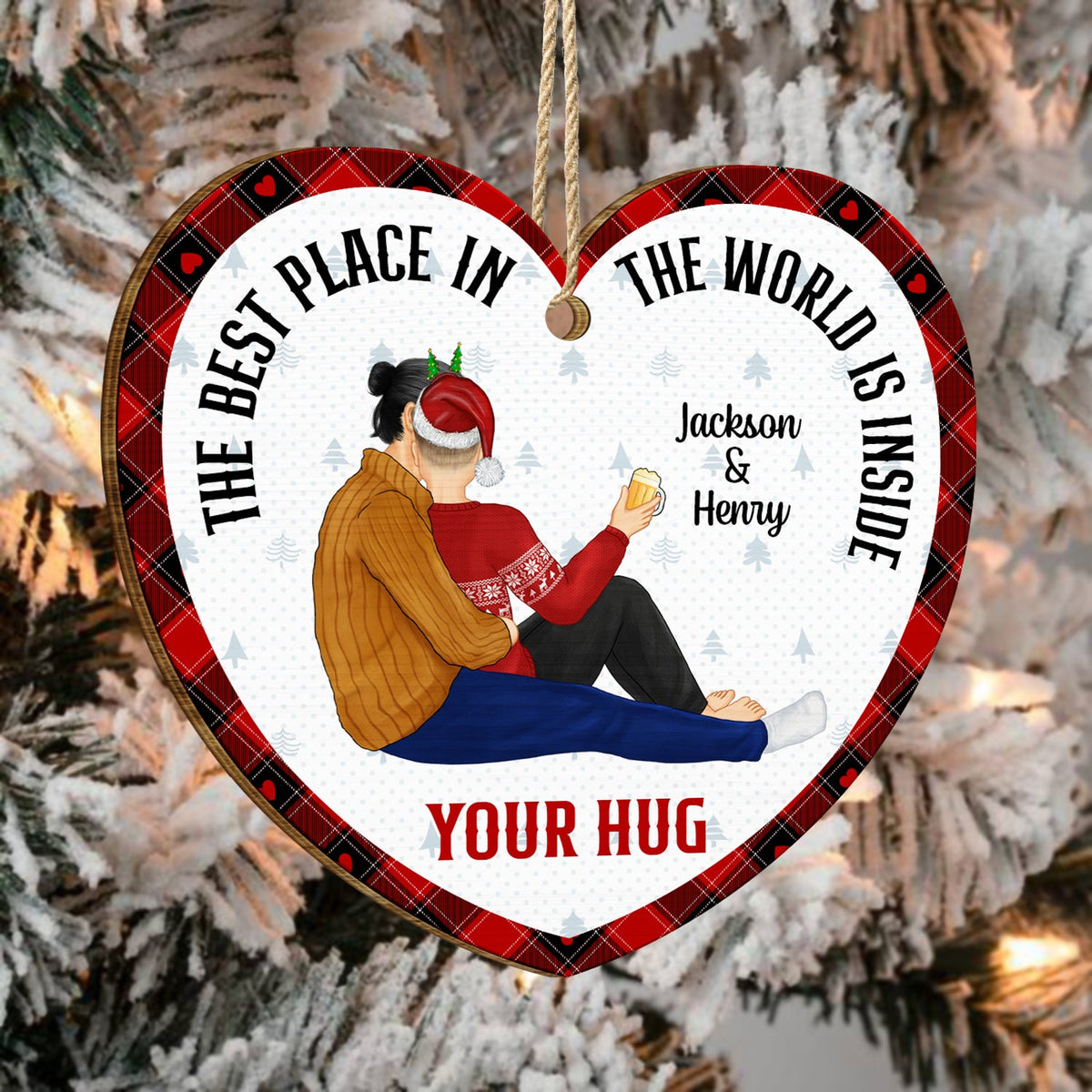 Christmas Couple The Best Place Is Inside Your Hug - Gift For Couples - Personalized Custom Shaped Wooden Ornament