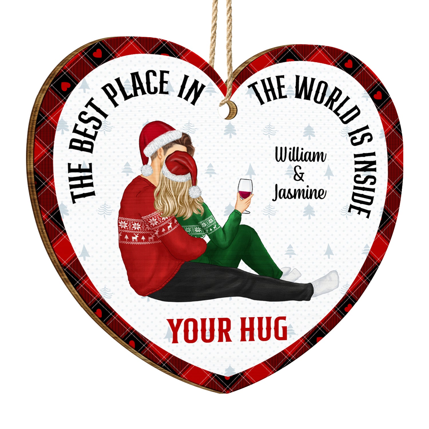 Christmas Couple The Best Place Is Inside Your Hug - Gift For Couples - Personalized Custom Shaped Wooden Ornament