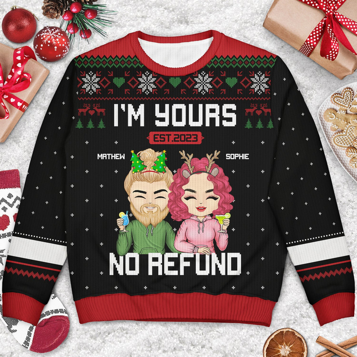 Christmas Chibi Couple I'm Yours No Refund - Gift For Couples - Personalized Unisex Ugly Sweater
