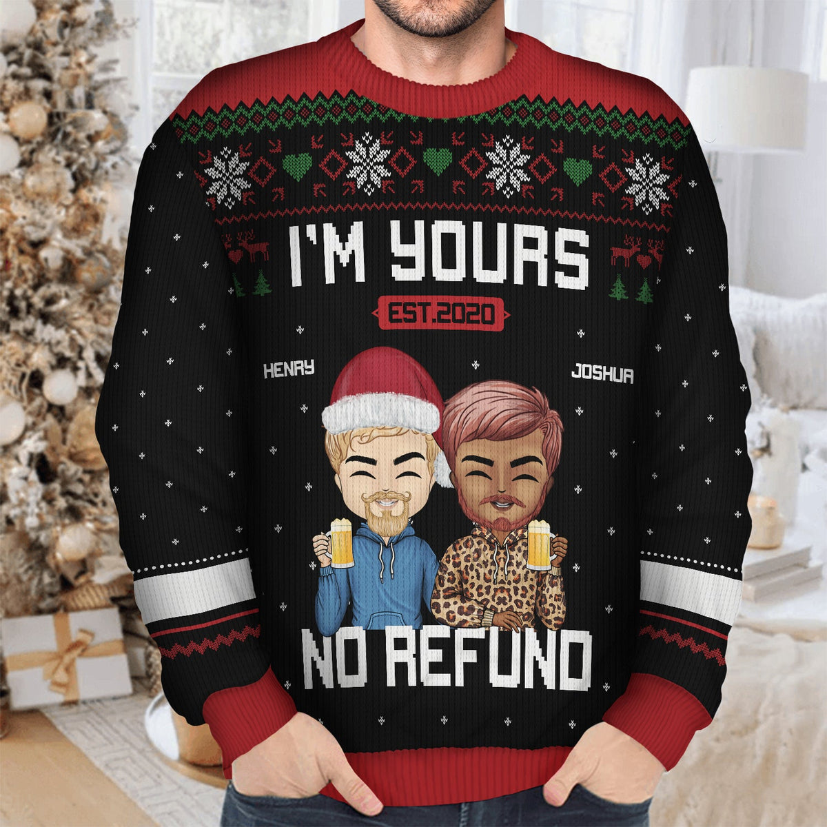 Christmas Chibi Couple I'm Yours No Refund - Gift For Couples - Personalized Unisex Ugly Sweater