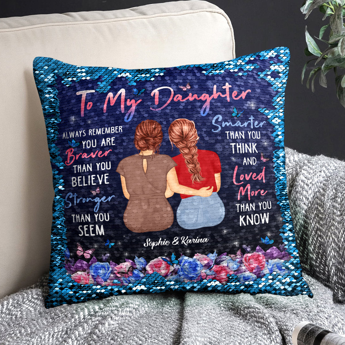 Braver Than You Believe Gift For Daughter Personalized Sequin Pillow Mermaid Sequin Cushion Magic Reversible Throw Pillow