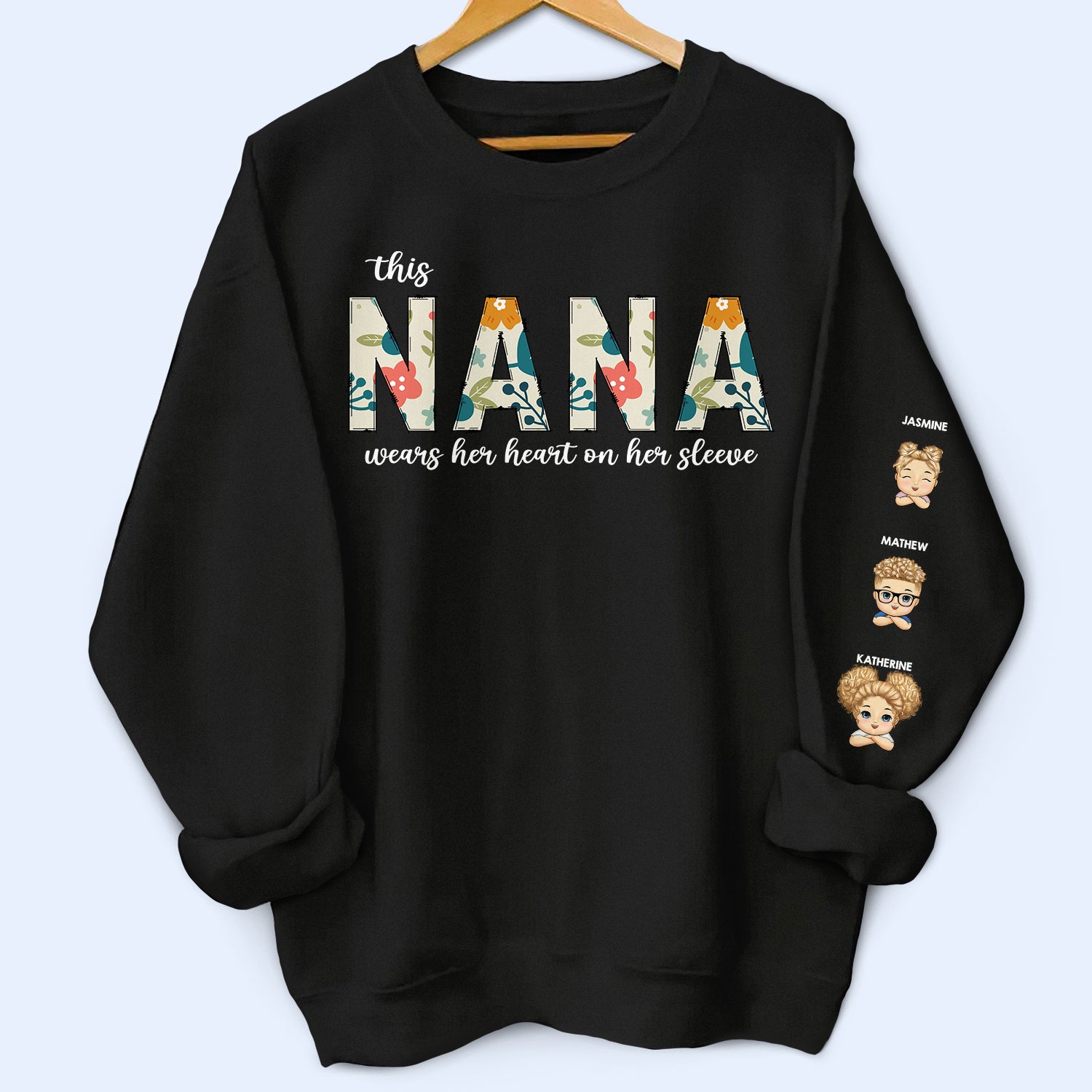 Floral Nana Wear Heart - Gift For Grandma - Personalized Unisex Sweatshirt With Design On Sleeve
