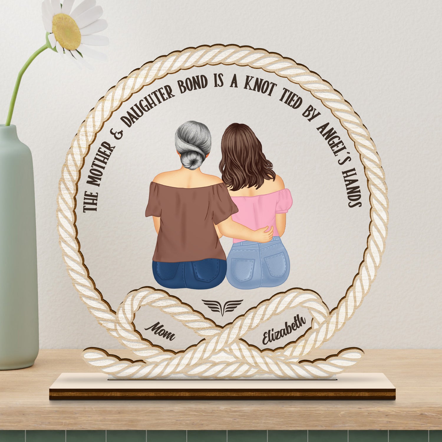 Tied By Angel's Hands - Gift For Mother And Daughter - Personalized Custom Shaped 2-Layered Acrylic Wooden Plaque