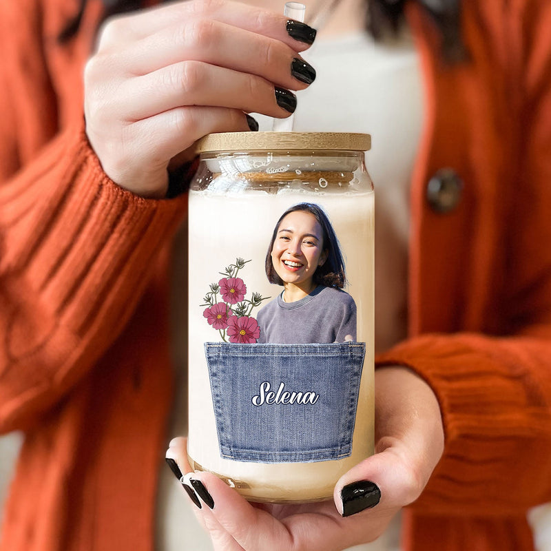 Custom Photo Birth Month Flower Mom Nutrition Facts - Gift For Mother - Personalized Clear Glass Can