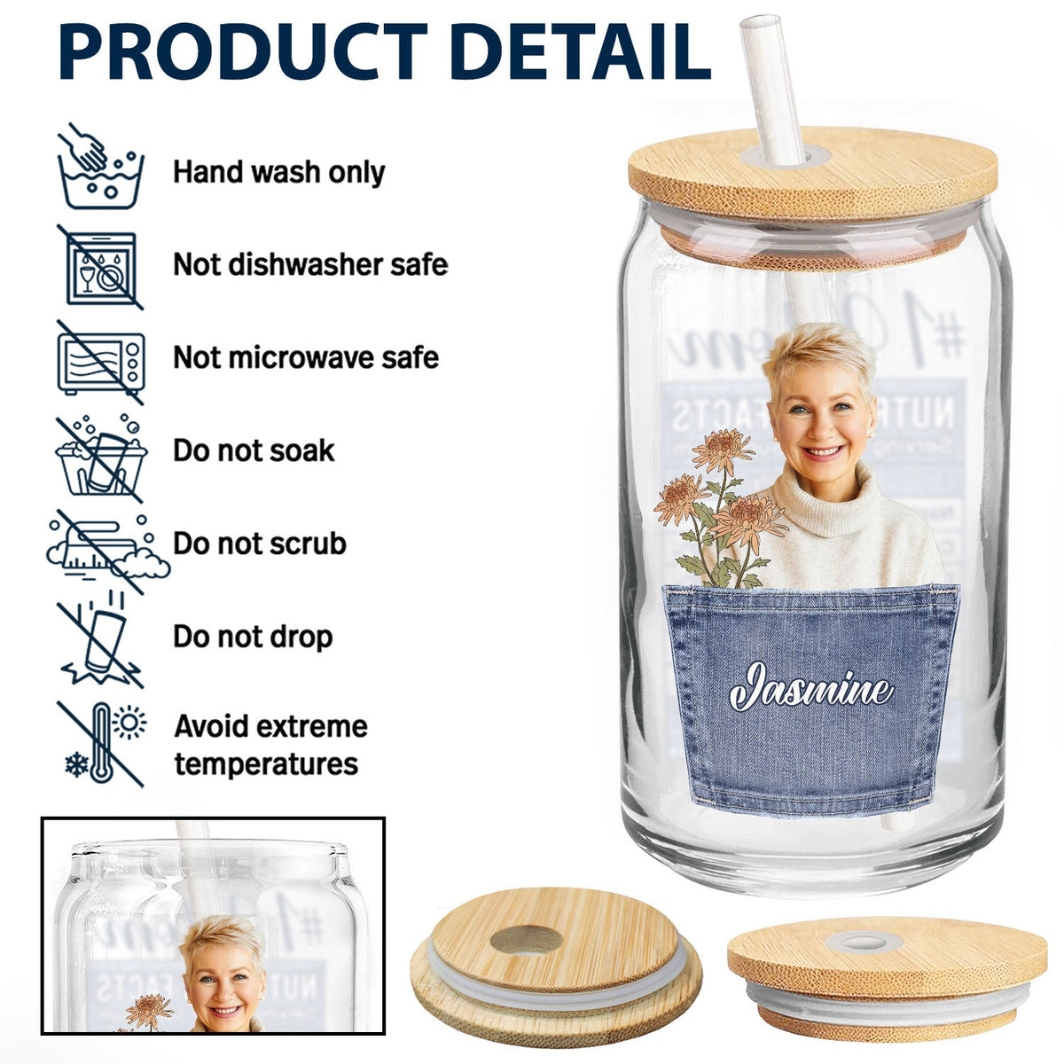 Custom Photo Birth Month Flower Mom Nutrition Facts - Gift For Mother - Personalized Clear Glass Can