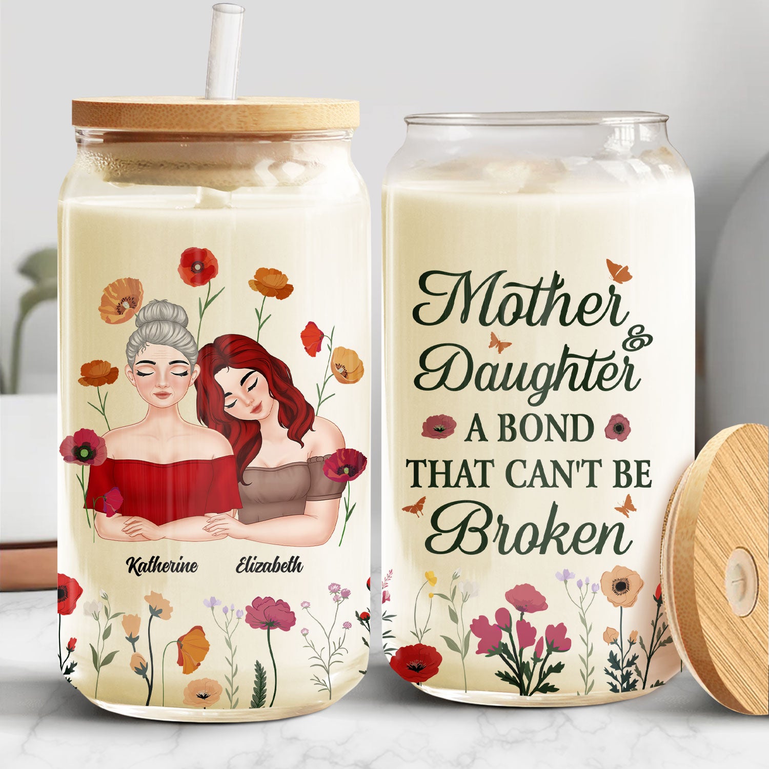 Mother Daughter A Bond Can't Be Broken - Gift For Mother - Personalized Clear Glass Can