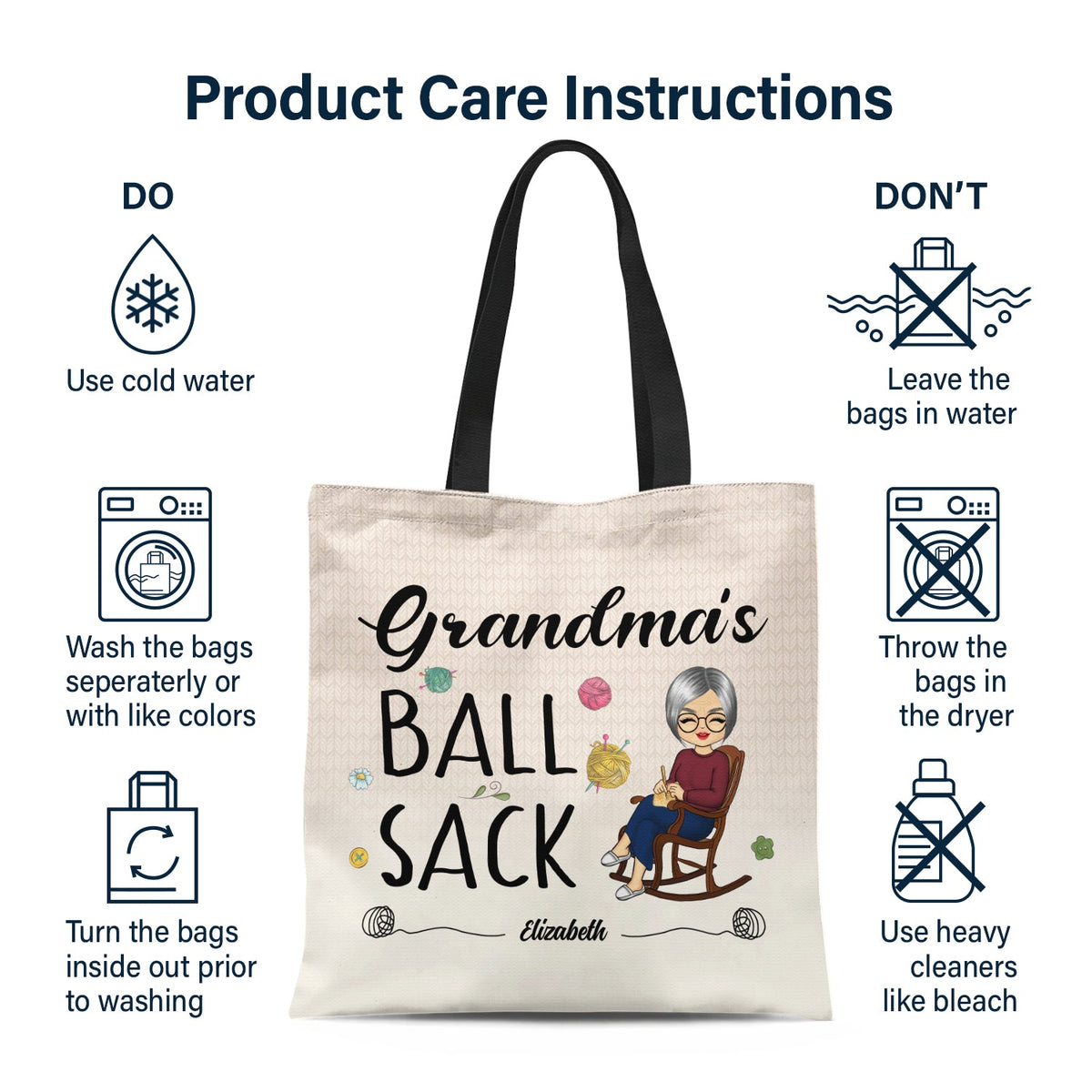 Sac à balles de crochet - Cadeau pour grand-mère et maman - Sac en toile zippé personnalisé
