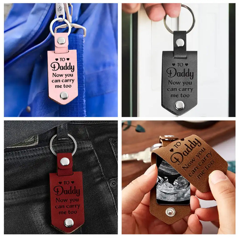Custom Photo Daddy You Can Carry Me Too - Gift For Father - Personalized Leather Photo Keychain