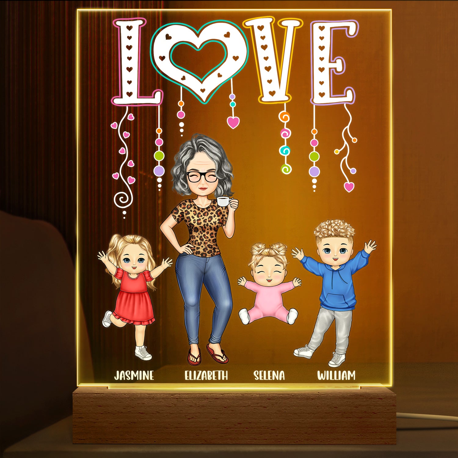 Love Grandma Mom - Gift For Mother, Grandma - Personalized 3D Led Light Wooden Base