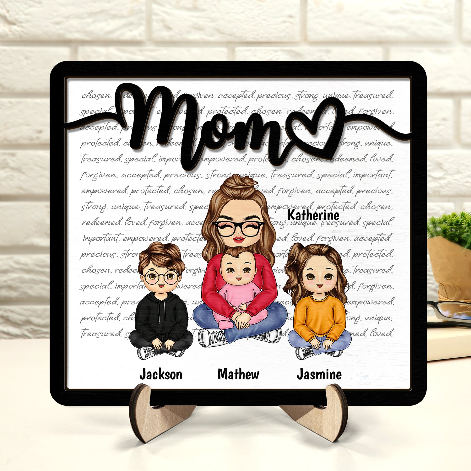 Chibi Mom & Her Children Loving Caring - Gift For Mother - Personalized 2-Layered Wooden Plaque With Stand