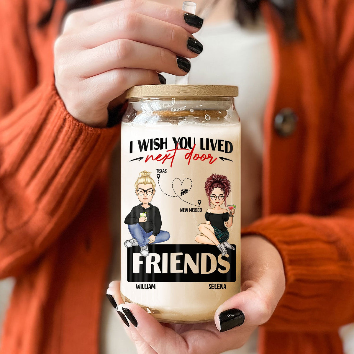 J'aimerais vivre à côté de chez toi - Cadeau pour frères et sœurs et meilleurs amis - Canette en verre transparent personnalisée
