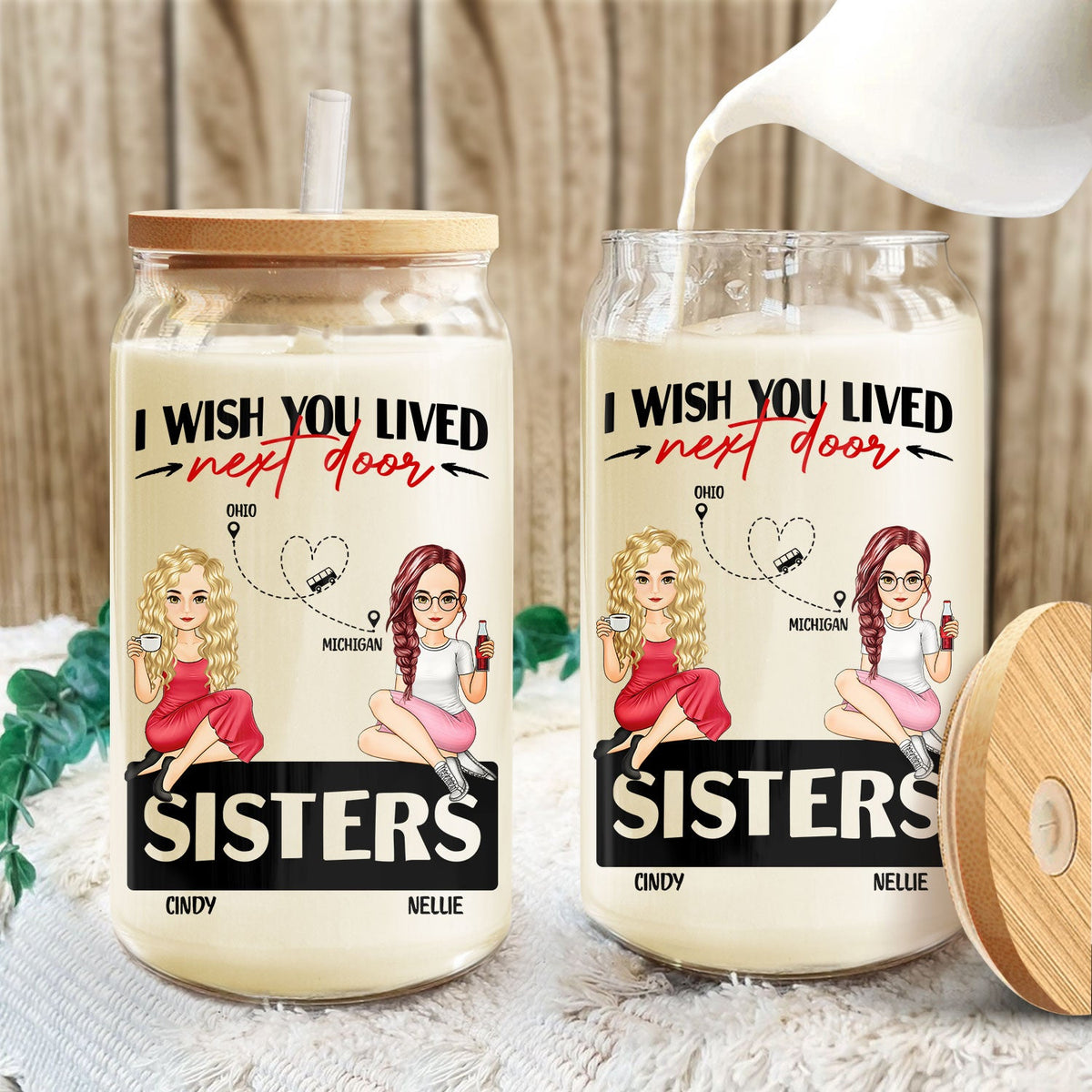 J'aimerais vivre à côté de chez toi - Cadeau pour frères et sœurs et meilleurs amis - Canette en verre transparent personnalisée