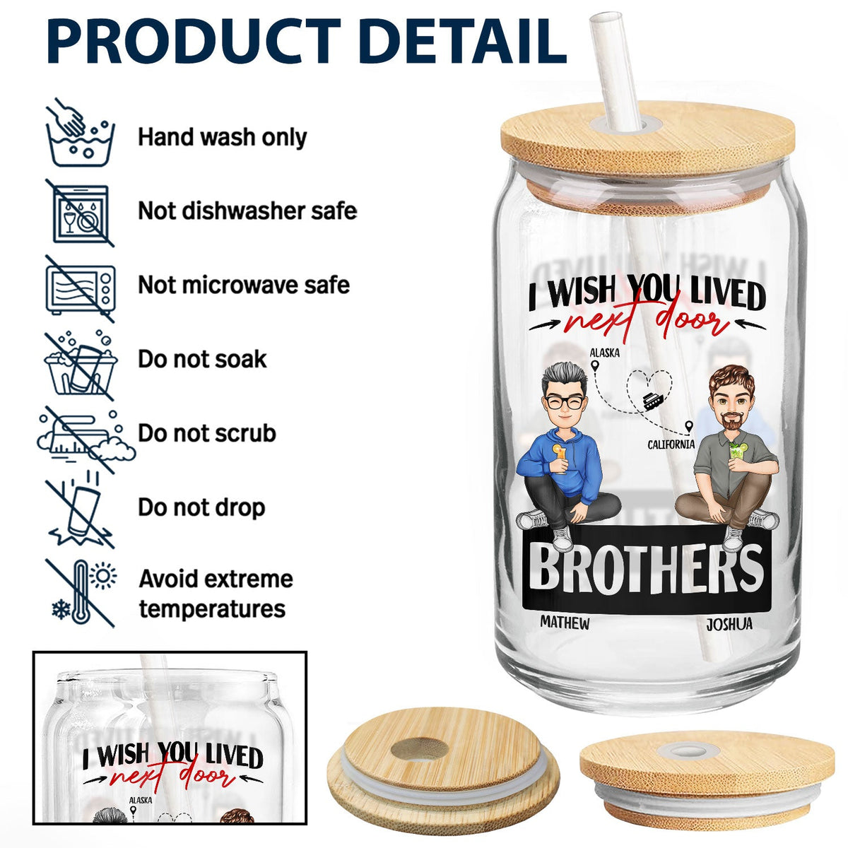 J'aimerais vivre à côté de chez toi - Cadeau pour frères et sœurs et meilleurs amis - Canette en verre transparent personnalisée