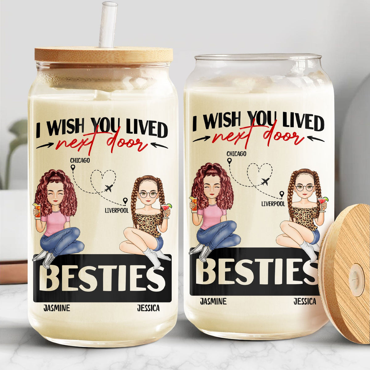 J'aimerais vivre à côté de chez toi - Cadeau pour frères et sœurs et meilleurs amis - Canette en verre transparent personnalisée