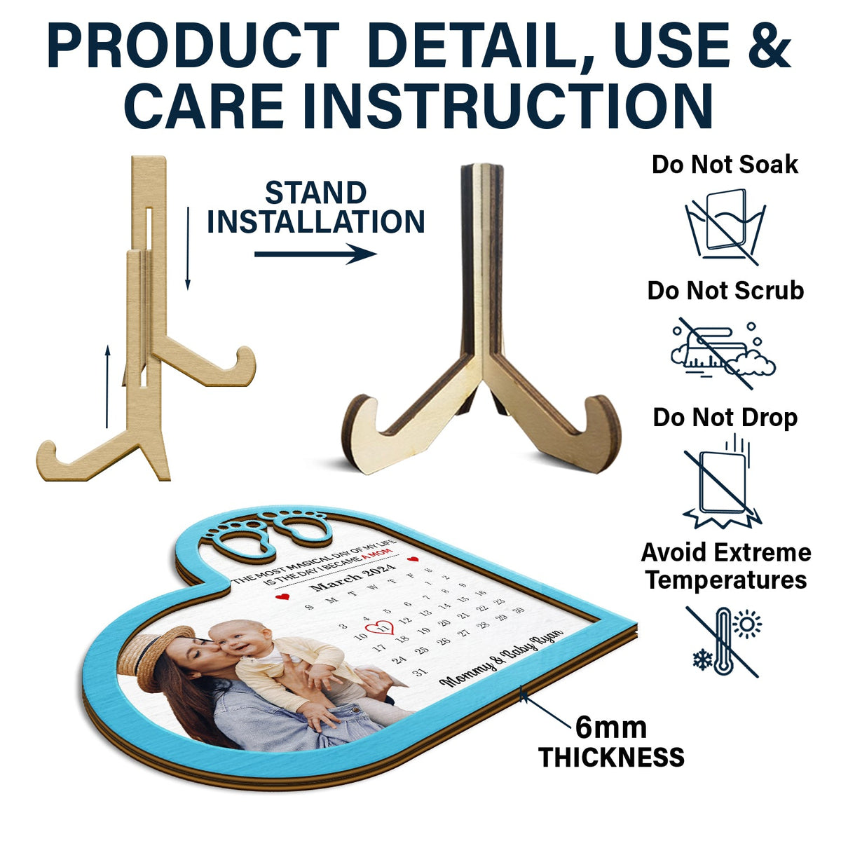 Custom Photo Calendar Most Magical Day - Gift For Mom - Personalized 2-Layered Wooden Plaque With Stand