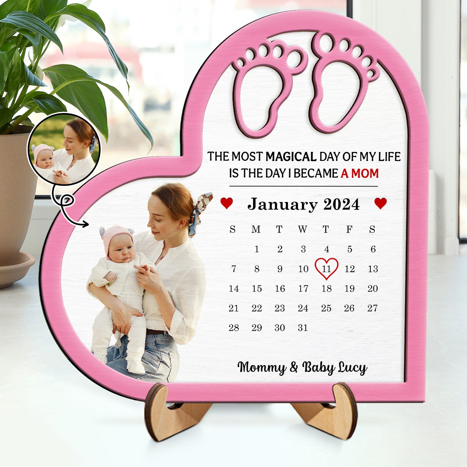 Custom Photo Calendar Most Magical Day - Gift For Mom - Personalized 2-Layered Wooden Plaque With Stand