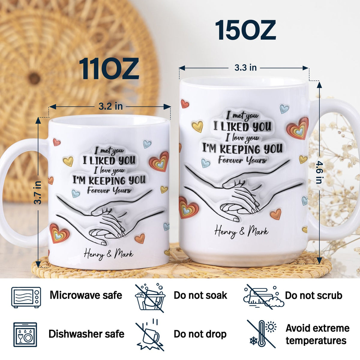 Tasse personnalisée blanche avec effet gonflé 3D, cadeau pour couple, avec inscription « Forever Yours »
