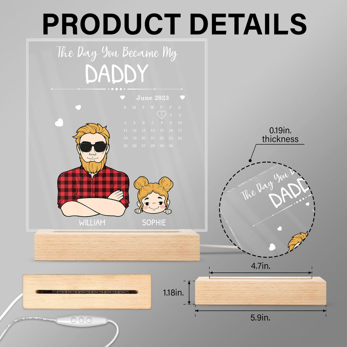 Calendar The Day You Became My Daddy - Gift For Father - Personalized 3D Led Light Wooden Base